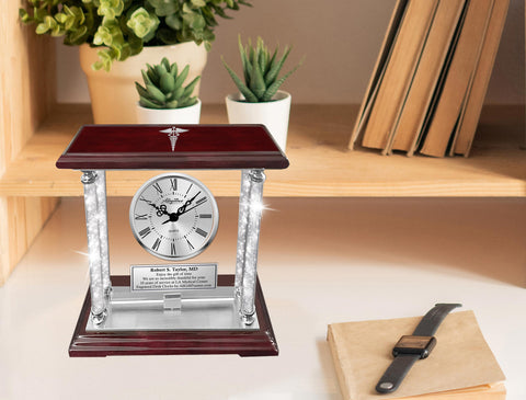 Doctor gift physician desk clock crystal diamond MD Nurse congratulation RN etch