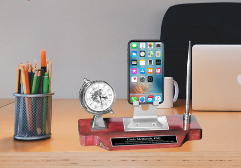 Personalized Engrave Clock Nameplate Desk Pen Phone Stand Display Table Desk Tabletop Executive Name Graduation Gift Retirement Promotion