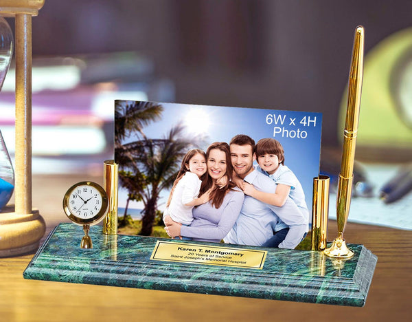 Marble Desk Clock Photo Frame 4x6 Picture Pen Table Engrave Personalized Gift