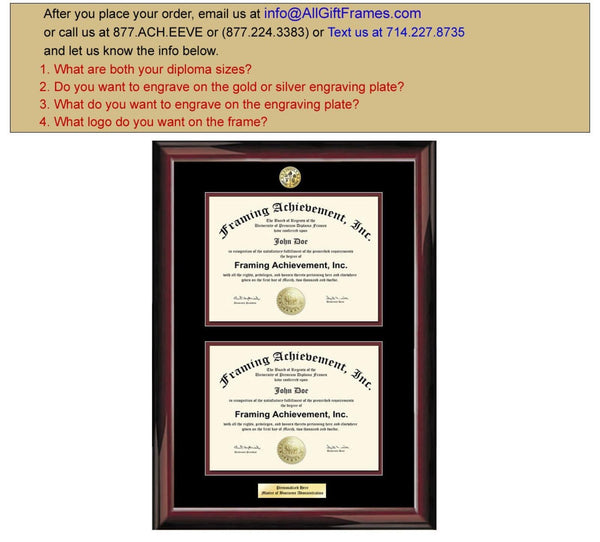 Double University Frame Two Diploma Graduation Engraved College Major Logo Glossy Traditional Mahogany Top mat Black Inner matted Maroon