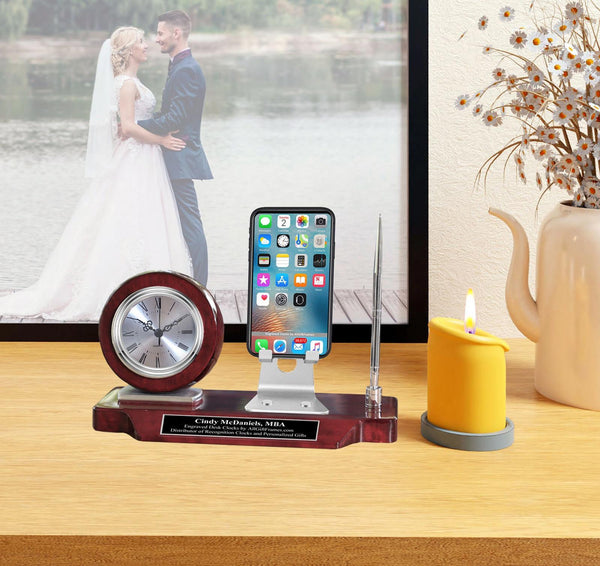 Engraved Desk Clock Pen Set Nameplate Phone Stand Graduate Gift Employee Congrat