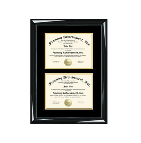 Double Diploma Frame Dual Certificate Frames Two Document Glossy Majestic Black Inner matted Gold Plaque University College Degree Framing