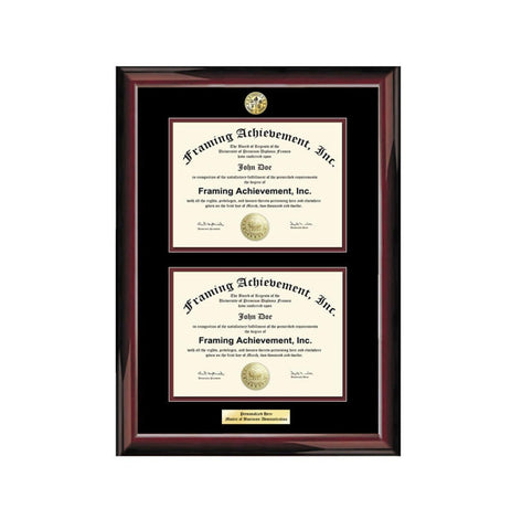 Double University Frame Two Diploma Graduation Engraved College Major Logo Glossy Traditional Mahogany Top mat Black Inner matted Maroon
