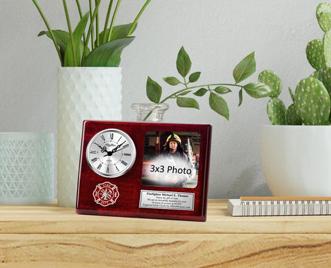Firefighter desk picture frame clock fire academy graduation gift fireman retire