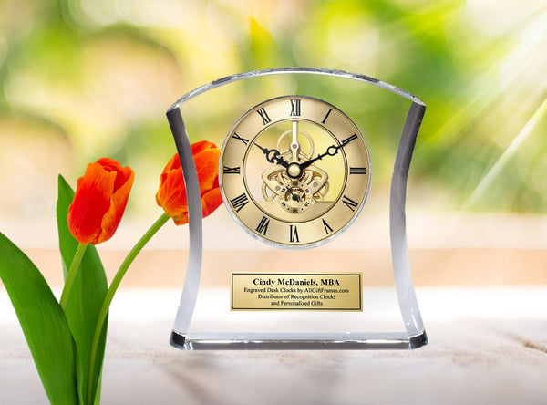 Diamond Cut Arch Crystal Engraved Clock Employee Retirement Service Award Boss