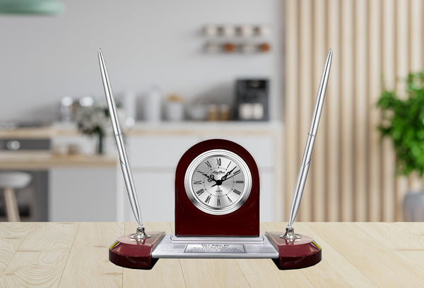 Aluminum silver engrave desk clock double pen set name plate display personalized nameplate customized title promoted coworker boss award