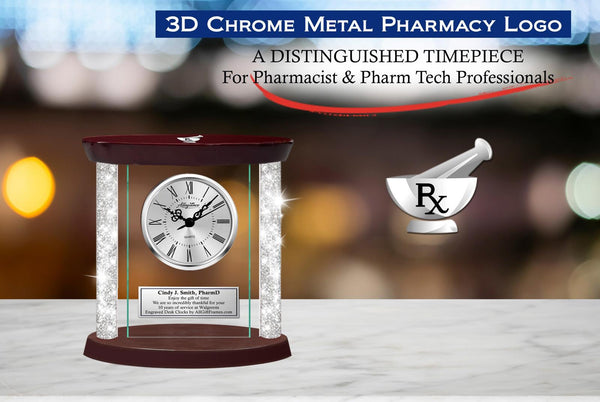 Pharmacist silver glass engraved desk clock pharmd doctor of pharmacy award boss