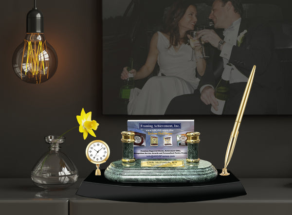 Personalized Marble Desk Mini Clock Pen Set Marble Business Card Executive Gift Engraved Employee Promotion Graduation Card Holder Nameplate