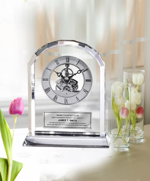 Engraved Diamond Cut Crystal Desk Clock Retirement Gift Coworker Employee Boss
