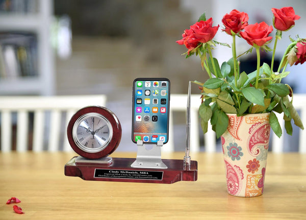 Engraved Desk Clock Pen Set Nameplate Phone Stand Graduate Gift Employee Congrat
