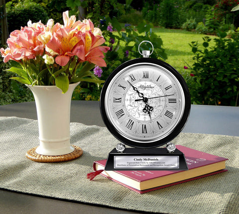 Large Silver Personalized Desk Clock Engravable Majestic Black Base Home Office Decor Accent Anniversary Employee Service Award Retirement Clock