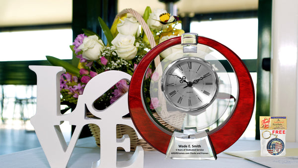 Personalized Engraved Desk Clock 360 Degree Spinning Galaxy Clock Wood Cherry Metal Chrome Base Wedding Anniversary Retirement Gift Employee Service Award