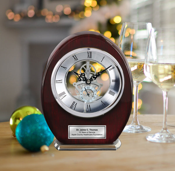 Engraved Oval Serenity Desk Table Clock Wood Silver Davinci Clock Retirement Service Award Recognition Birthday Gifts mechanical gear clock