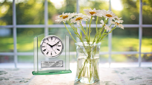 Glass Arch Pillar Engraved Clock Silver Engraving Plate as Anniversary Wedding Retirement Graduation Recognition Award Employee Gift