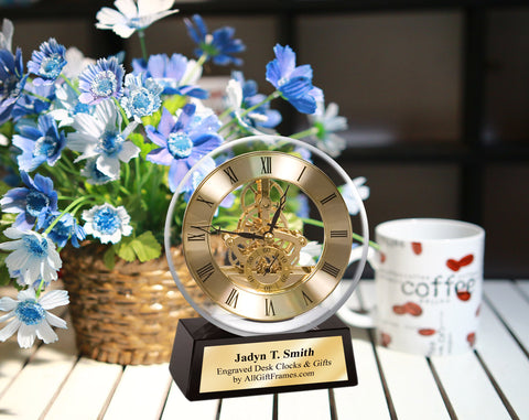 Personalized Crystal Clock Black Glass Base Gold Engraved Plate Employee Boss Coworker Retirement Etched Birthday Graduation Gift Present