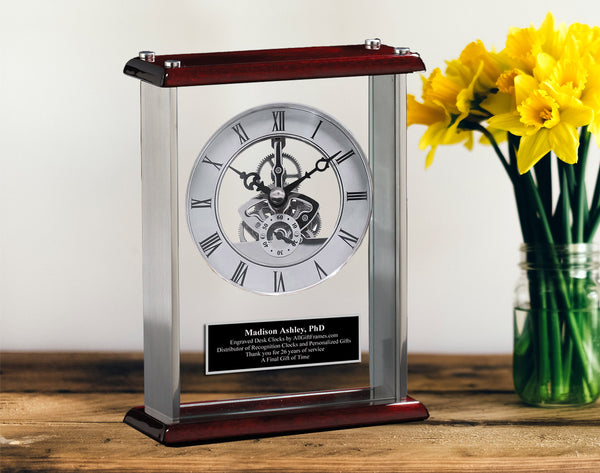 Etched Engraved Aluminum Clock Silver Gear Desktop Birthday Display Anniversary Service Award Timepiece Desk Accessories Company Gift