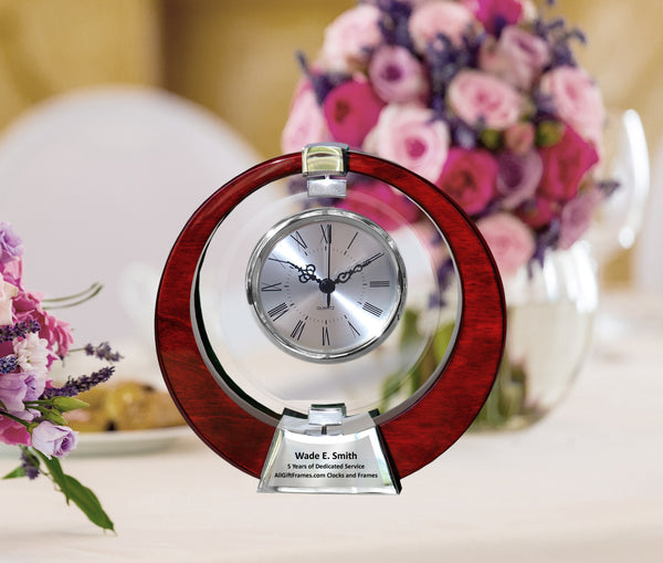 Personalized Engraved Desk Clock 360 Degree Spinning Galaxy Clock Wood Cherry Metal Chrome Base Wedding Anniversary Retirement Gift Employee Service Award