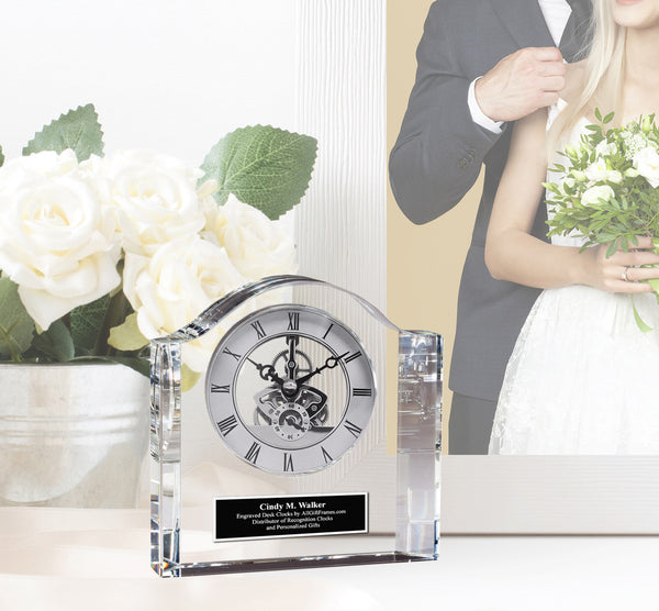 Personalized Gift Award Clock Anniversary Wedding Birthday Crystal Silver Black Plaque Etch Timepiece Table Business Engrave Custom Ideas Engravable