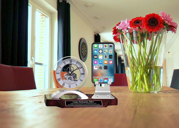 Etched Nameplate Custom Black Engraved Clock Cell Phone Stand Display Holder Name Plate Graduation Gift Office Business Retirement Employee