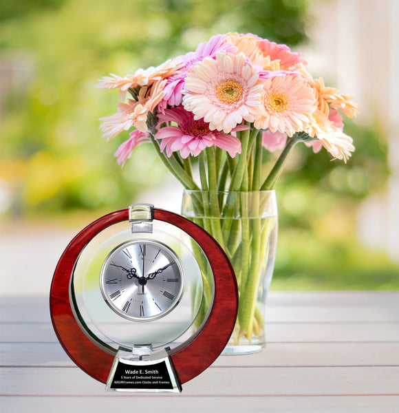 Pivoting Glass Silver Dial Clock Mounted Eclipse Wooden Structure Chrome Metal Base Engraved Clocks Engravable Retirement Gift Coworker Boss