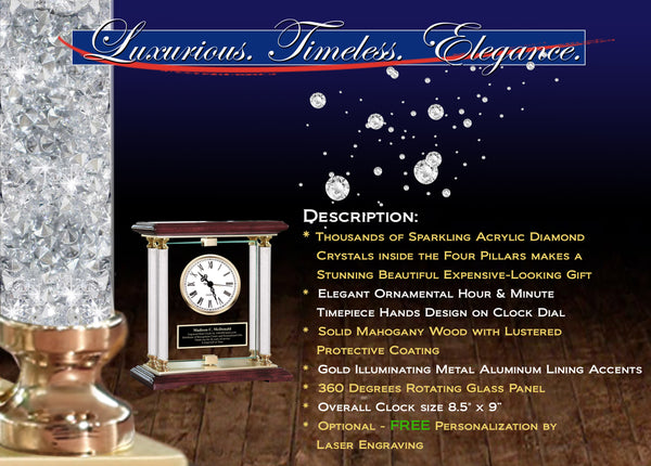 Personalized Clock Diamond Column Mantel Engraved Clocks Etched Table Retirement Service Company Year of Service Love Wife Gift