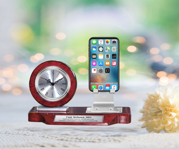 Engraved Nameplate Desk Clock Phone Holder Personalized Office Name Plate Etched Graduation Gift Table Cell Phone Stand Display Tabletop