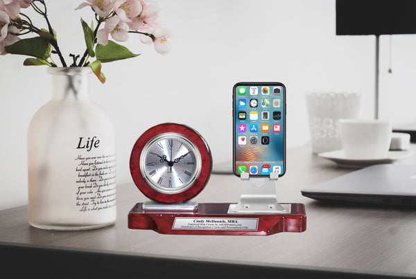 Engraved Nameplate Desk Clock Phone Holder Personalized Office Name Plate Etched Graduation Gift Table Cell Phone Stand Display Tabletop