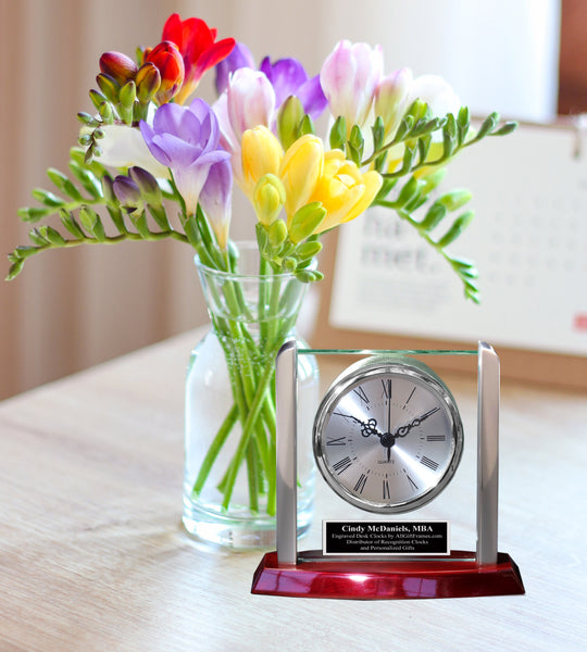 Unique Elegant Glass Silver Clock Aluminum Accents Black Engraved Plate Retire Coworker Gift Graduation Housewarming Gift New Home Present