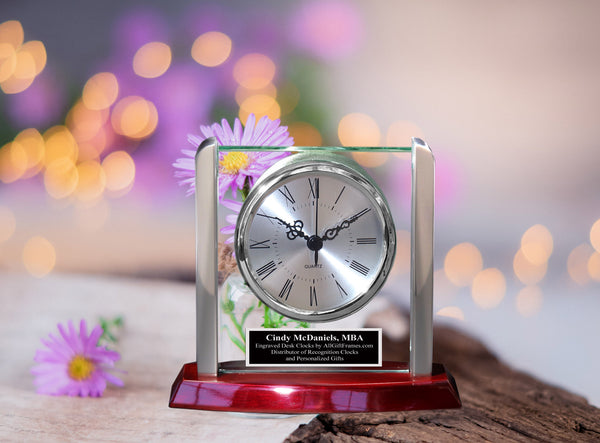 Unique Elegant Glass Silver Clock Aluminum Accents Black Engraved Plate Retire Coworker Gift Graduation Housewarming Gift New Home Present