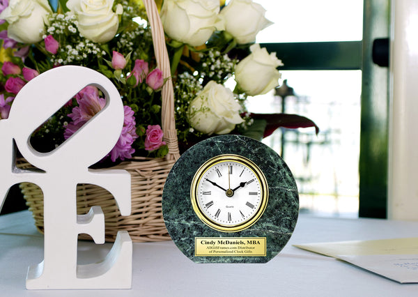 Personalized Round Green Marble Clock with Gold Engraving Plate Anniversary Wedding Employee Recognition Award Service Boss Retirement Gift