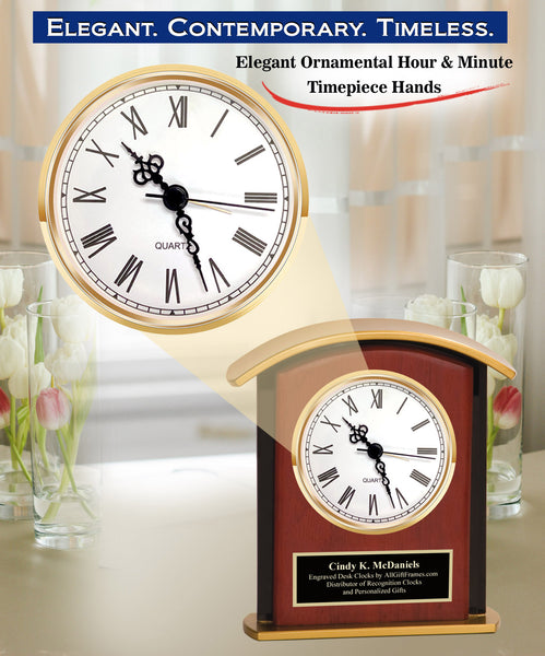 Engrave Shelf Clock Service Award Gift Arch Base Black Border Wood Panel Black Engraved Plate Present Retire Coworker Employee of The Year