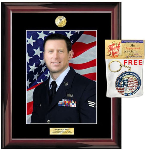 Personalized Photo Frame Wall Frame Military Plaque 5x7 Glossy Traditional Mahogany Engraved Framing Armed Forces Soldier Air Force Retire USAF FBI US Navy CIA Matted Mahogany Army Airman Sheriff Law Enforcement Police Officer