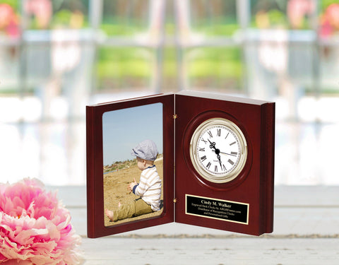 Custom Engravable Picture Frame Clock Desktop Fits 4x6 Photo Table Photograph Educator Teacher Coach Retirement Birthday Anniversary Wedding