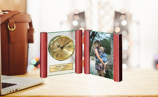 Personalized Clock Glass Book Hinged Wooden Posts with Photo Frame Holds 4x6 Picture Retirement Award Recognition Anniversary Wedding
