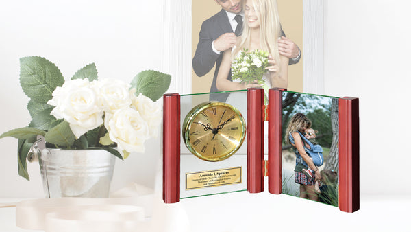 Engraved Cherry Glass Folding Picture Frame Desk Gold Clock Fits 4x6 Photo Service Award Coworker Retirement Gift Anniversary Employee Going Away Graduation Hinge Photograph