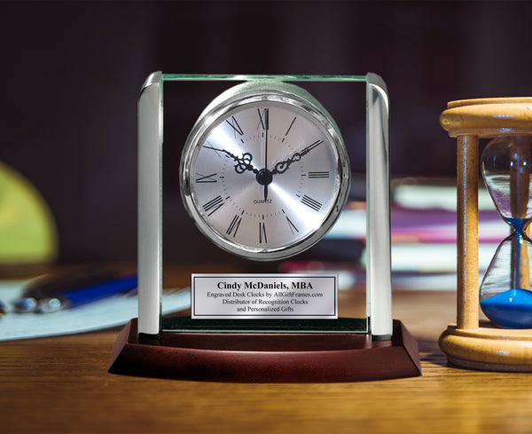 Engraved Clock Silver Post Suspended on Glass Silver Engraving Etched Personalized Retirement Gift Employee Years of Service Award Month