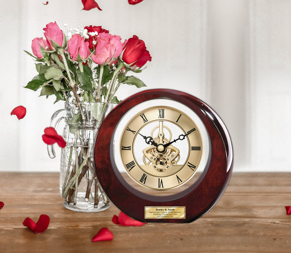 Glossy Cherry Wood with Gold Da Vinci Gear Moon Clock and Gold Engraving Plate wedding anniversary birthday retirement employee gifts