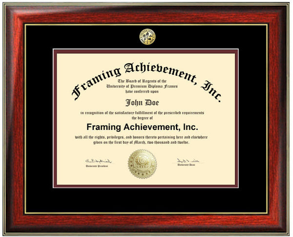 Certificate Frames University Diploma Frame - Graduation College Major Seal Logos Satin Mahogany Gold Accents Top matted Black Inner Maroon