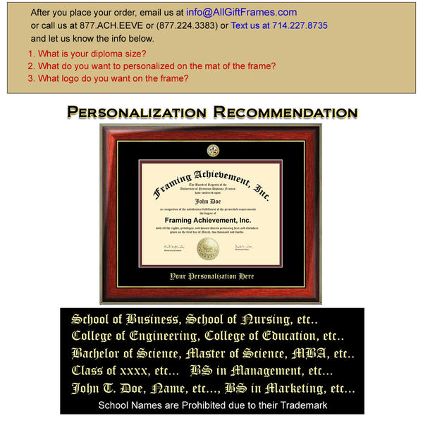 Embossed Diploma Frame College Major Logo Seal University Graduation Degree Frames Top mat Black Inner mat Maroon Satin Mahogany Gold Accent