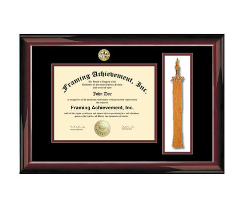 Tassel Diploma Frames - Graduation University Frames College Major Seal Logos Top mat Black Inner Maroon Traditional Mahogany Degree Plaque