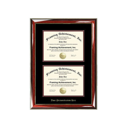 Double Diploma Frame Dual Document Embossed Glossy Prestige Mahogany Gold Accents Top mat Black Inner matted Maroon Double University Frames