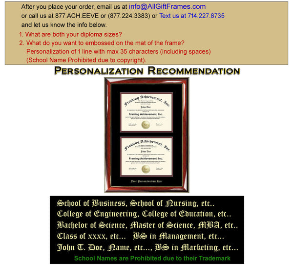 Double Diploma Frame Dual Document Embossed Glossy Prestige Mahogany Gold Accents Top mat Black Inner matted Maroon Double University Frames