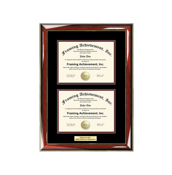 Dual Certificate Frames Double Diploma Graduation Frame Engraved Glossy Prestige Mahogany Gold Accents Top mat Black Inner matted Maroon