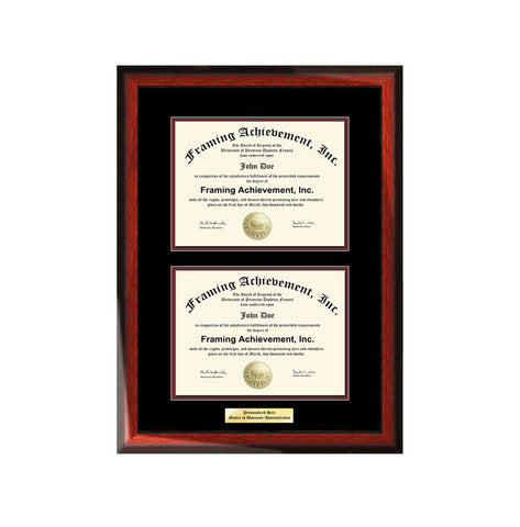 Double Graduation Diploma Frame Engraved Dual Certificate College Frames Satin Rich Mahogany Top mat Black Inner matted Maroon Document