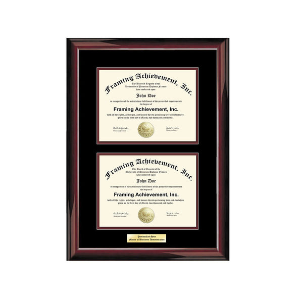 Double College Certificate Frame Double Diploma Graduation University Engraved Glossy Traditional Mahogany Top mat Black Inner matted Maroon