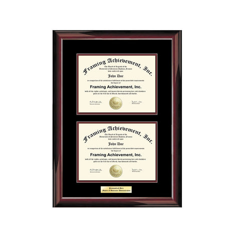 Double College Certificate Frame Double Diploma Graduation University Engraved Glossy Traditional Mahogany Top mat Black Inner matted Maroon