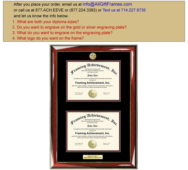 Graduation Dual Degree Diploma Frame Engraved University Major Logo Glossy Prestige Mahogany Gold Accents Top mat Black Inner matted Maroon