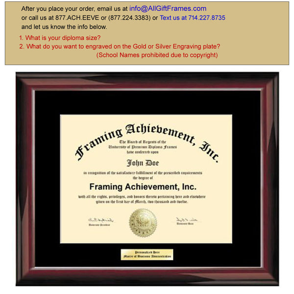 University Graduation Diploma Frames Single Black Mat - Glossy Traditional Mahogany - College Diploma Framing Certificate Frames Engraving