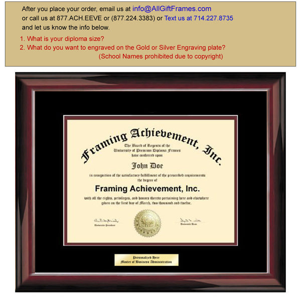 University Frame - College Diploma Framing Plaques Top mat Black Inner matted Maroon Glossy Mahogany Certificate Frame Engraving Plate