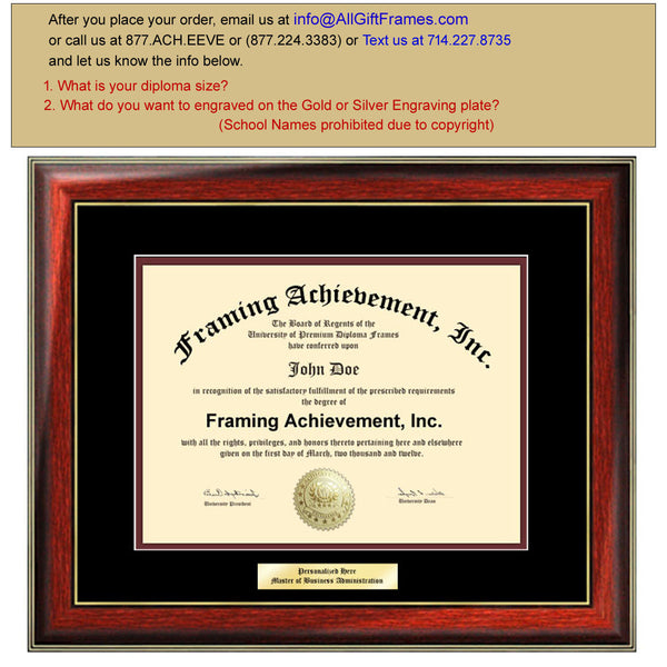 Engraved Certificate Frame College Diploma Frames - Framing Diploma Document Top mat Black Inner matted Maroon Satin Mahogany Gold Accents
